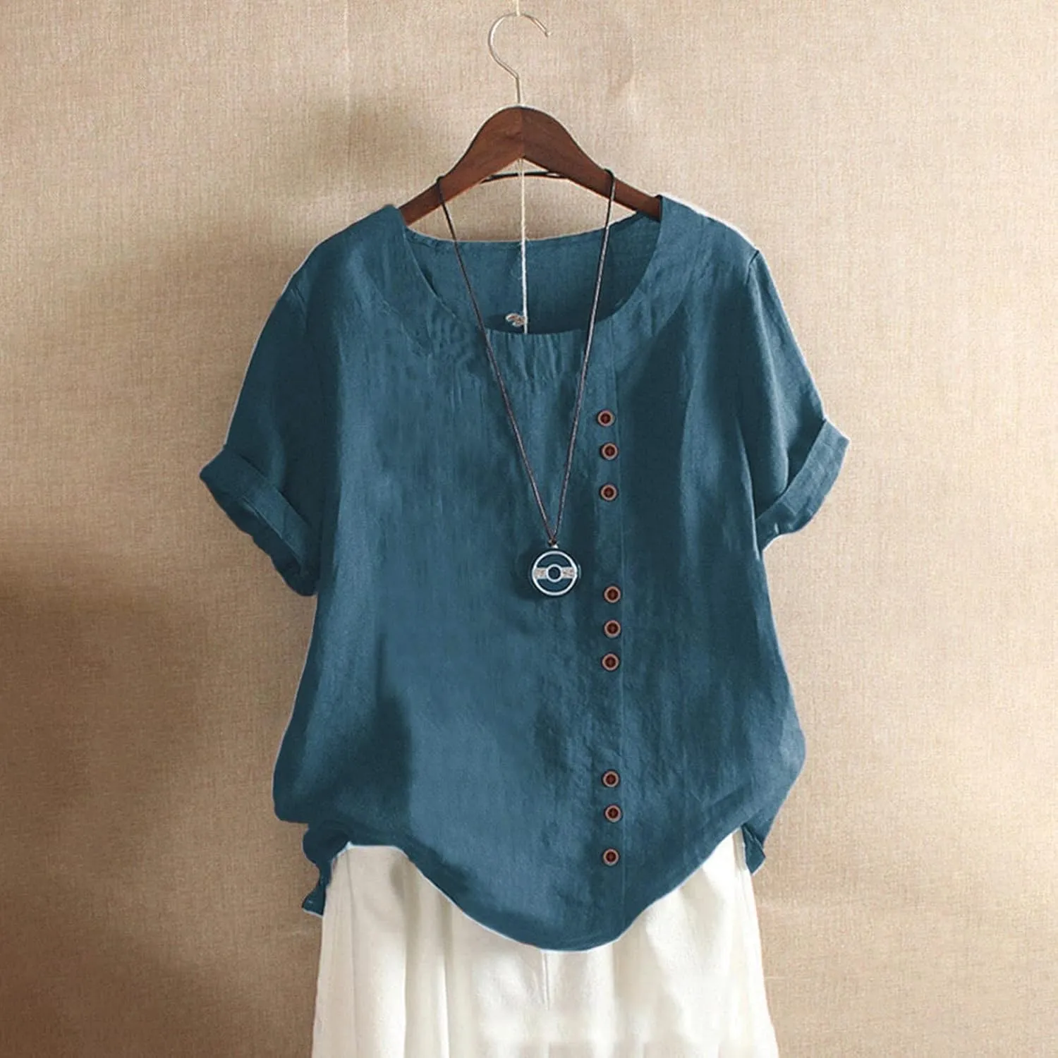 Linen Shirts for Women 2025 Summer Cotton Linen Tops Loose Fit Casual Roll Up Short Sleeve T-Shirt Trendy Blouse