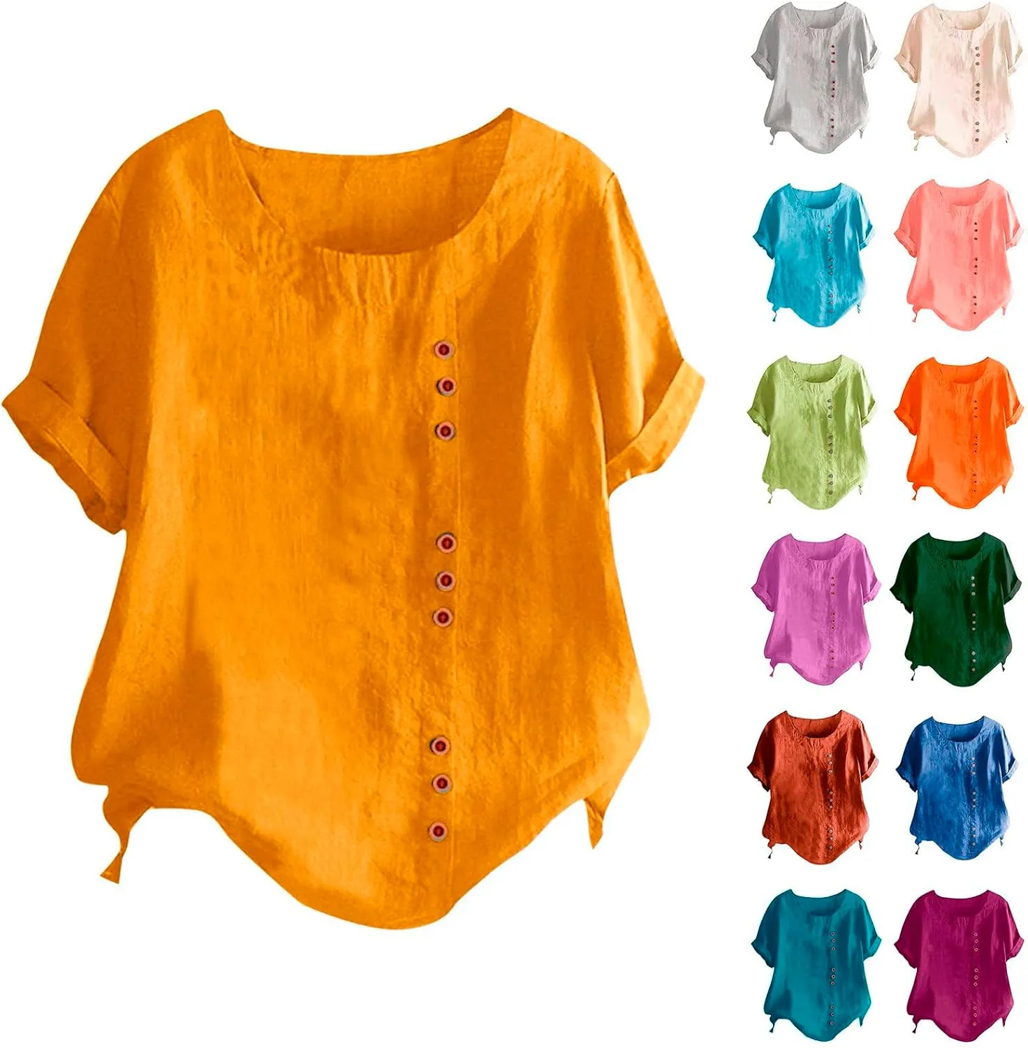 Linen Shirts for Women 2025 Summer Cotton Linen Tops Loose Fit Casual Roll Up Short Sleeve T-Shirt Trendy Blouse