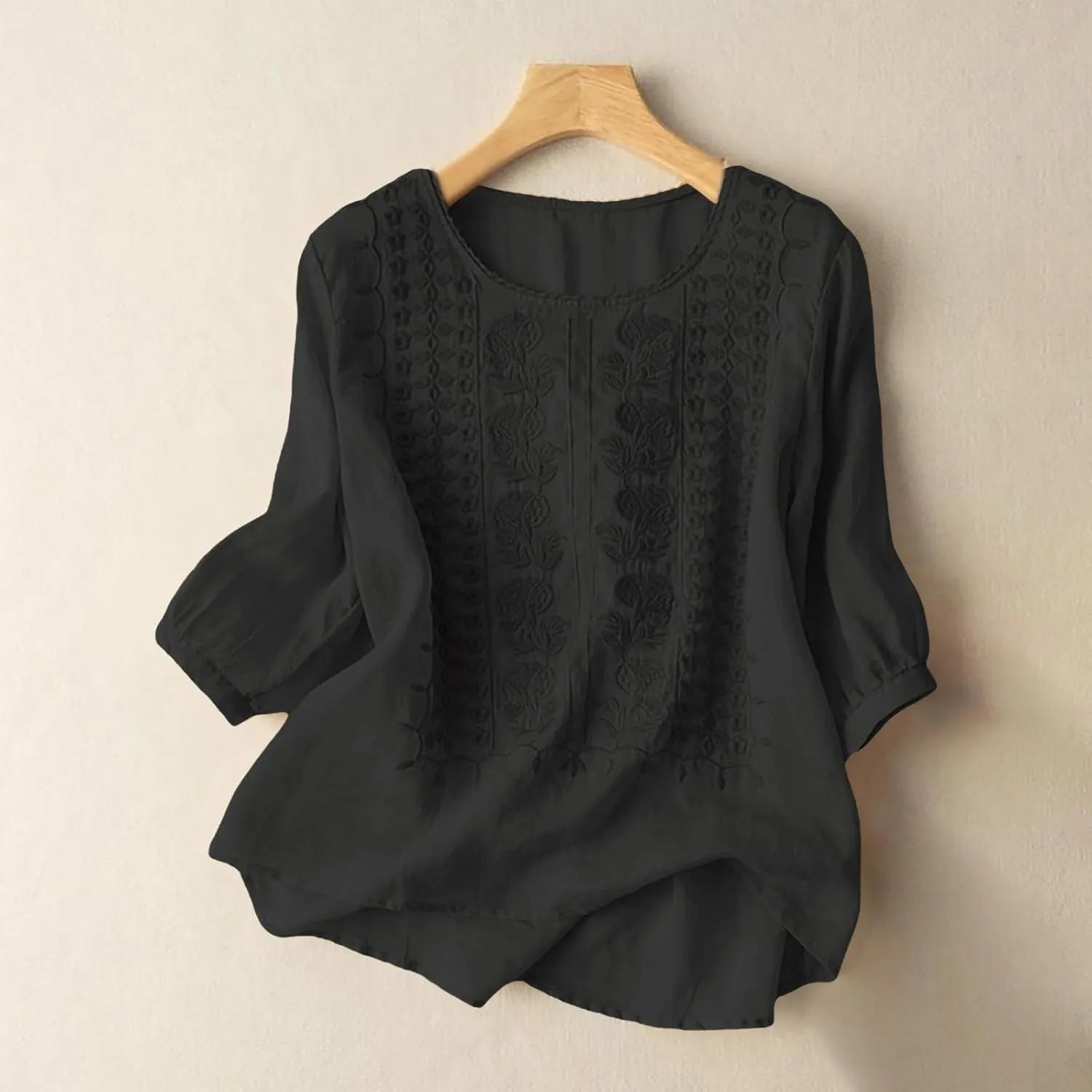 Linen Shirts for Women 2025 Summer Trendy Retro Embroidered 3/4 Sleeve Gauze Tops Casual Comfy Boho Vacation Blouses