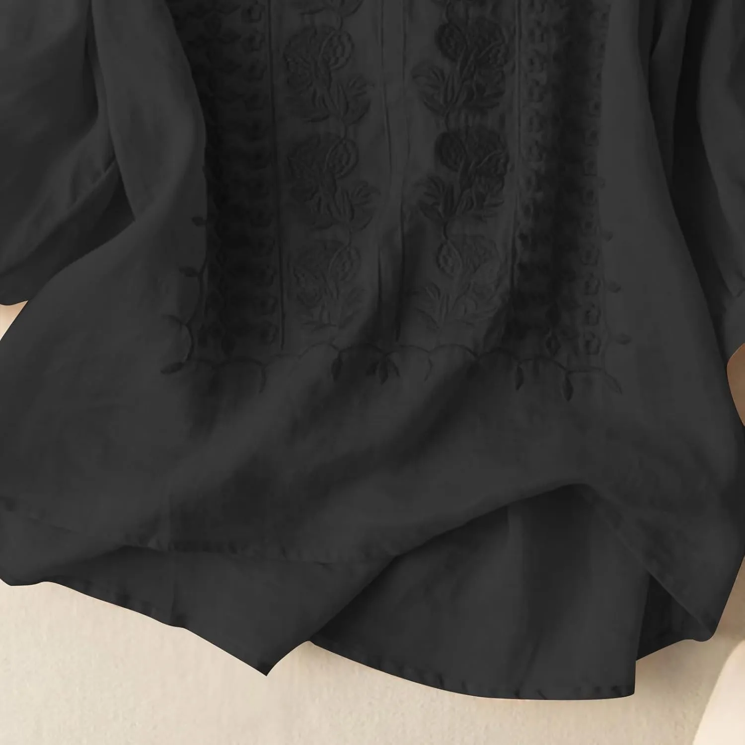 Linen Shirts for Women 2025 Summer Trendy Retro Embroidered 3/4 Sleeve Gauze Tops Casual Comfy Boho Vacation Blouses