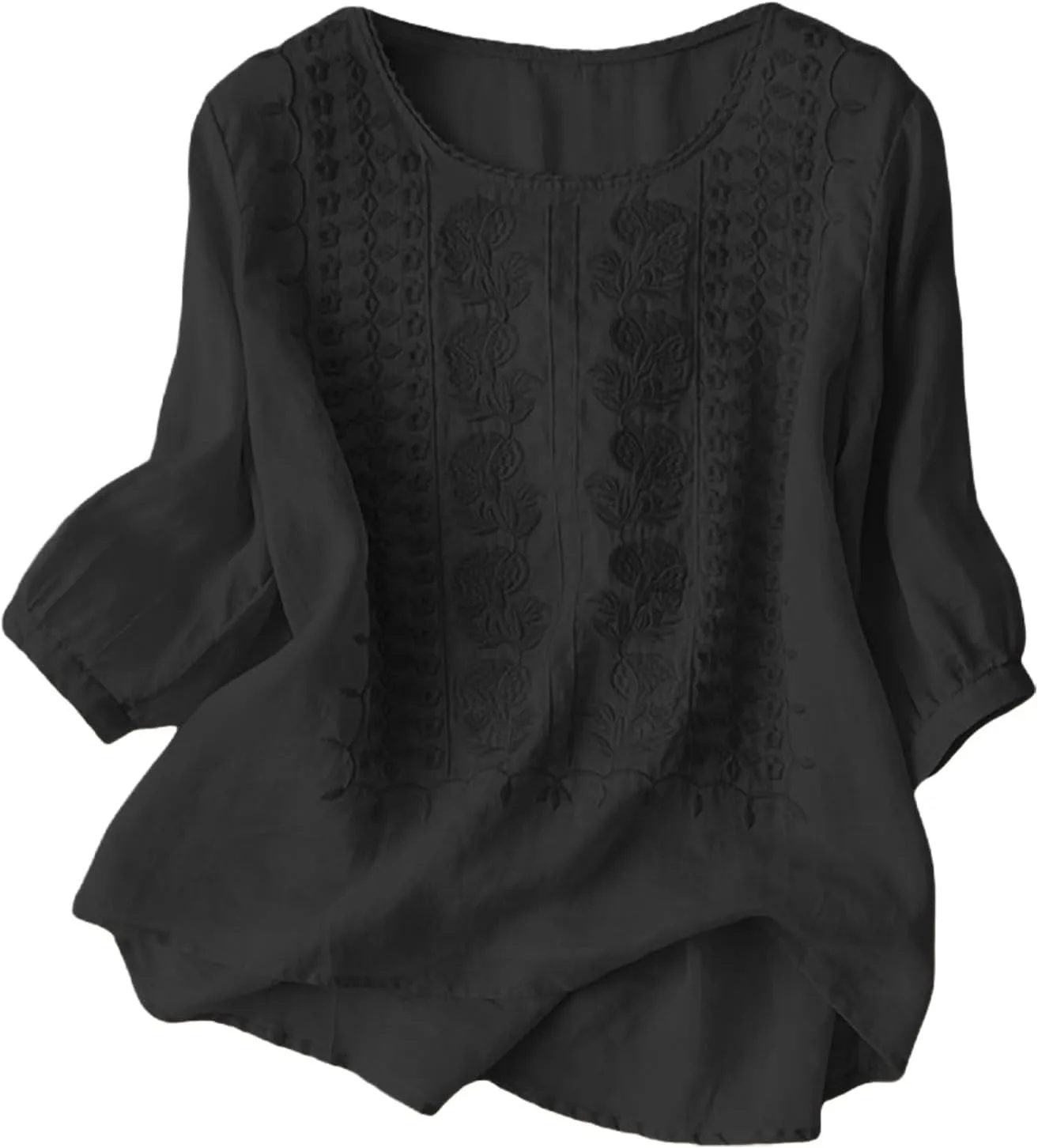 Linen Shirts for Women 2025 Summer Trendy Retro Embroidered 3/4 Sleeve Gauze Tops Casual Comfy Boho Vacation Blouses