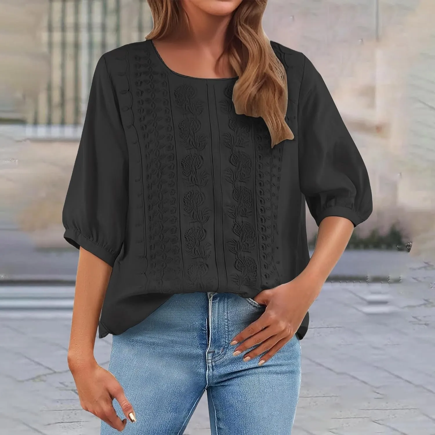 Linen Shirts for Women 2025 Summer Trendy Retro Embroidered 3/4 Sleeve Gauze Tops Casual Comfy Boho Vacation Blouses