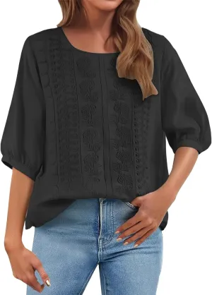 Linen Shirts for Women 2025 Summer Trendy Retro Embroidered 3/4 Sleeve Gauze Tops Casual Comfy Boho Vacation Blouses
