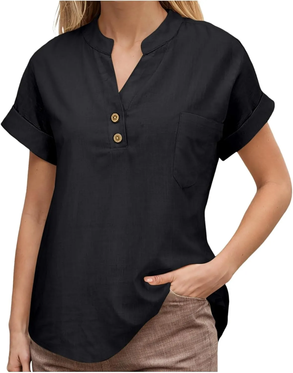 Linen Shirts for Women Plus Size Summer Loose Fit Button Down Shirts Roll Up Sleeve Tops Cotton Linen Work Blouses