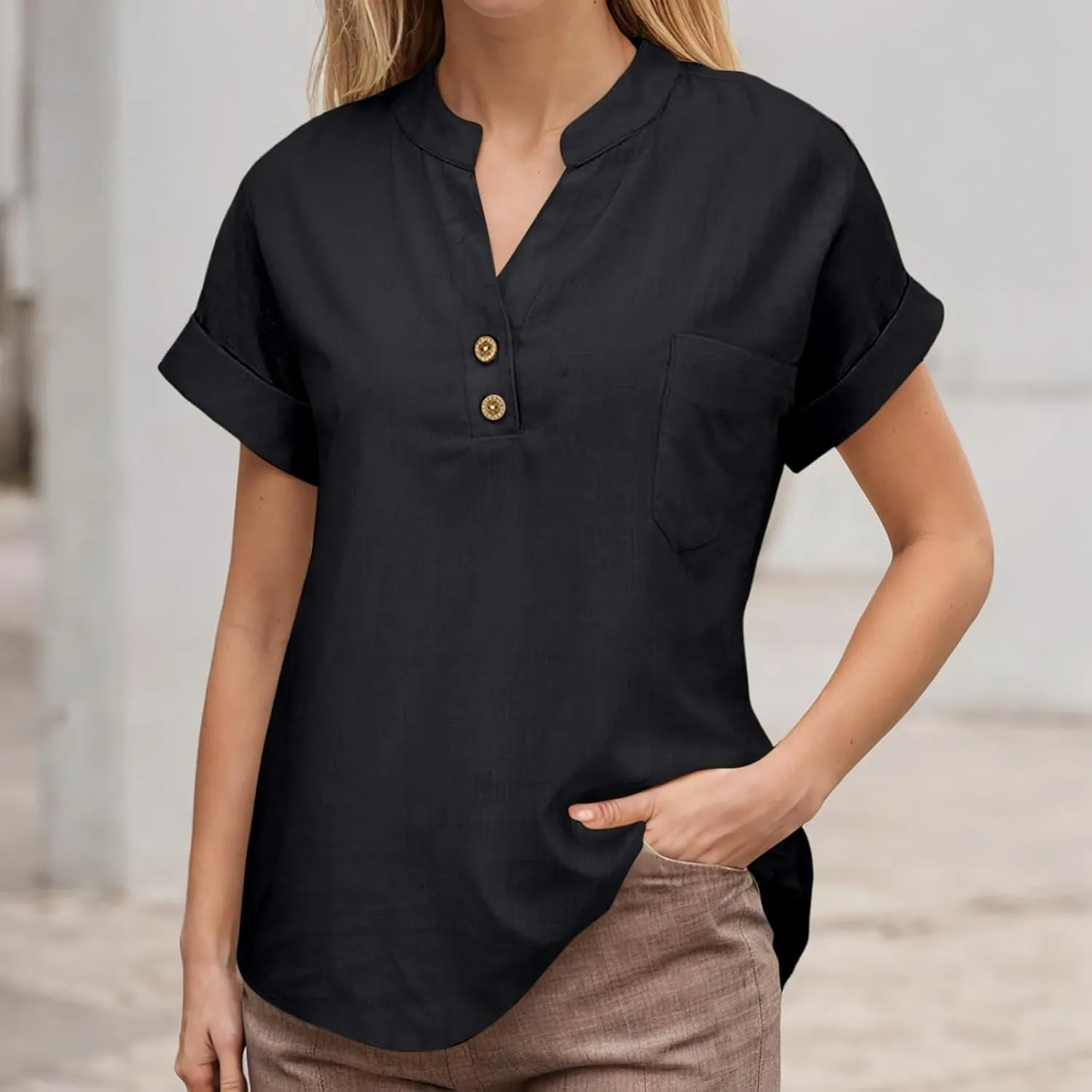 Linen Shirts for Women Plus Size Summer Loose Fit Button Down Shirts Roll Up Sleeve Tops Cotton Linen Work Blouses