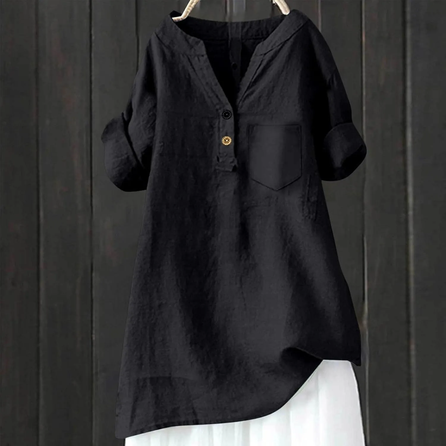 Linen Shirts for Women Plus Size Summer Loose Fit Button Down Shirts Roll Up Sleeve Tops Cotton Linen Work Blouses