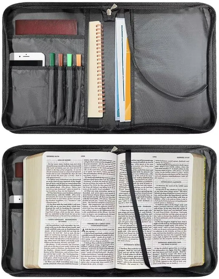 Lion Sheep Cross Pattern Bible Cover for Women Men Multifunctional Bible Protective with Handle and Zipper Faux Leather Tote Bag Bible Case for Bible Study/Daily Use, 2XL