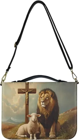 Lion Sheep Cross Pattern Bible Cover for Women Men Multifunctional Bible Protective with Handle and Zipper Faux Leather Tote Bag Bible Case for Bible Study/Daily Use, 2XL