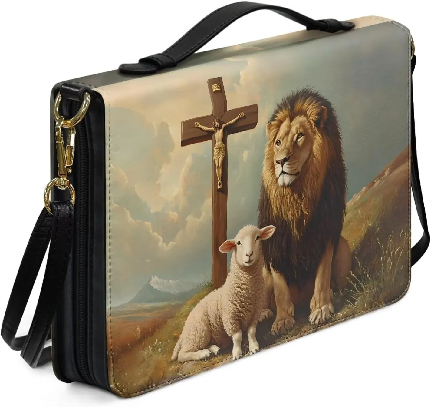 Lion Sheep Cross Pattern Bible Cover for Women Men Multifunctional Bible Protective with Handle and Zipper Faux Leather Tote Bag Bible Case for Bible Study/Daily Use, 2XL