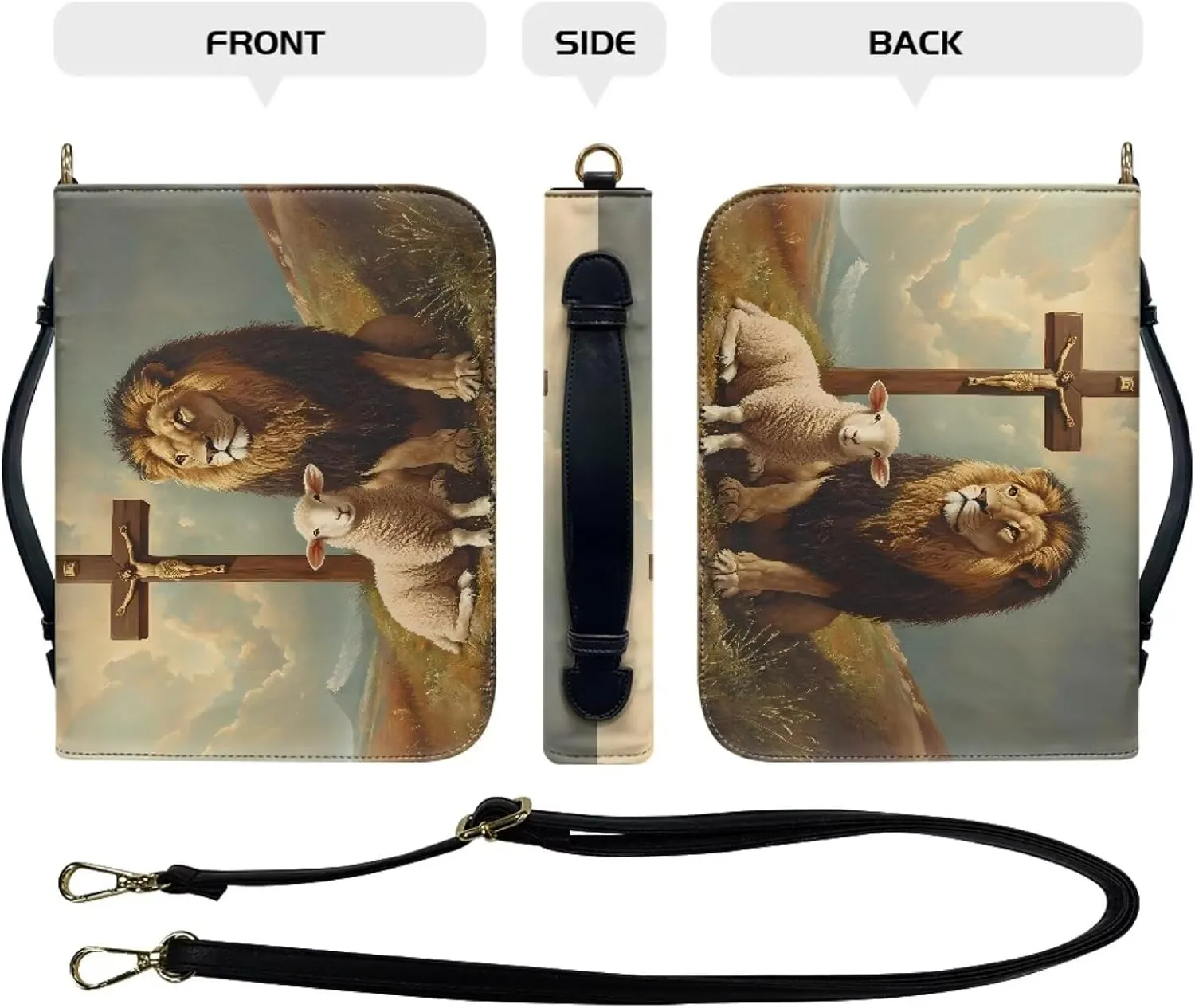 Lion Sheep Cross Pattern Bible Cover for Women Men Multifunctional Bible Protective with Handle and Zipper Faux Leather Tote Bag Bible Case for Bible Study/Daily Use, 2XL