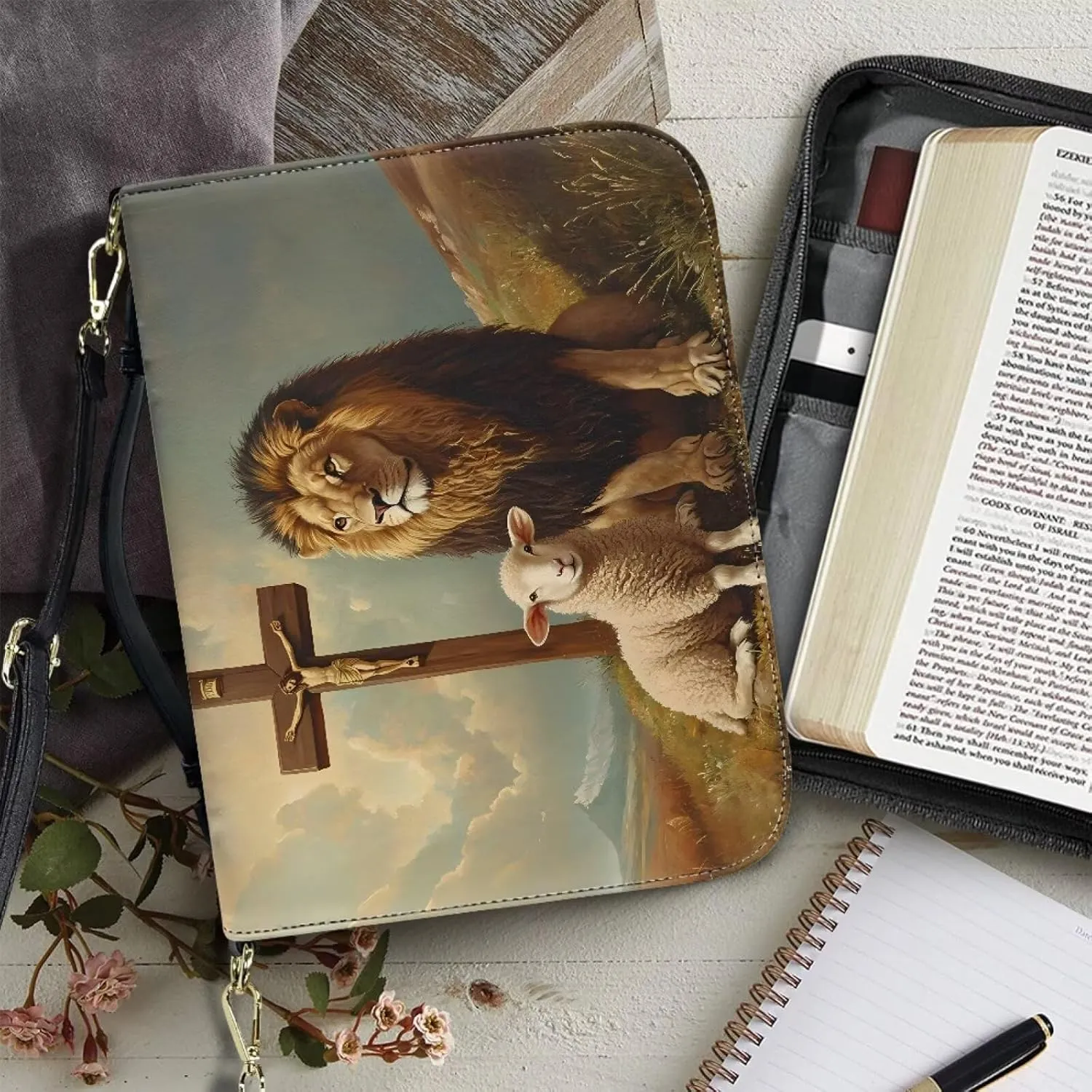 Lion Sheep Cross Pattern Bible Cover for Women Men Multifunctional Bible Protective with Handle and Zipper Faux Leather Tote Bag Bible Case for Bible Study/Daily Use, 2XL