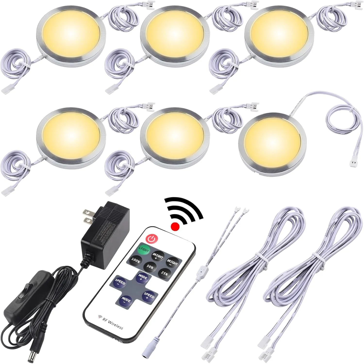 Liquor Cabinet Accent Lighting Kit, Round LED Puck Lights, 110 Volt Plug in, Daisy Chain Linkable, Wireless RF Remote Control Dimmable, Y Splitter, White Cords, Warm White 2700K, 6 Lights
