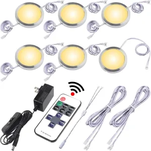 Liquor Cabinet Accent Lighting Kit, Round LED Puck Lights, 110 Volt Plug in, Daisy Chain Linkable, Wireless RF Remote Control Dimmable, Y Splitter, White Cords, Warm White 2700K, 6 Lights