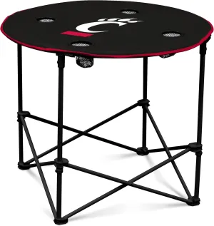 Logo Brands NCAA Cincinnati Bearcats Round Tailgating Table – Portable with Foldable Legs, 4 Cup Holders, Powder-Coated Steel, and 27.6" Surface Diameter, Team Color