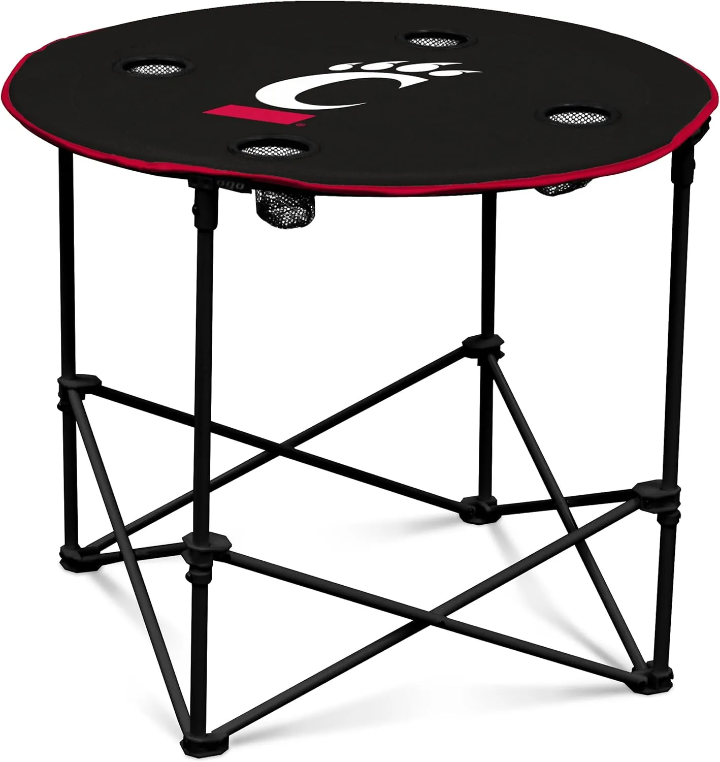 Logo Brands NCAA Cincinnati Bearcats Round Tailgating Table – Portable with Foldable Legs, 4 Cup Holders, Powder-Coated Steel, and 27.6" Surface Diameter, Team Color