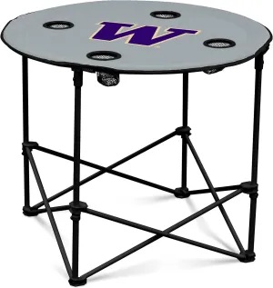 Logo Brands NCAA Washington Huskies Round Tailgating Table – Portable with Foldable Legs, 4 Cup Holders, Powder-Coated Steel, and 27.6" Surface Diameter, Team Color