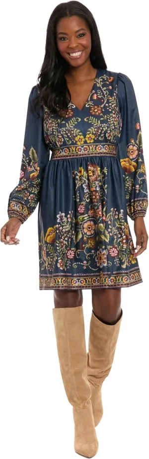 London Times Women's Empire Waist Mini Embroidered Waistband-V-Neck Bishop Sleeve-Cocktail Dress