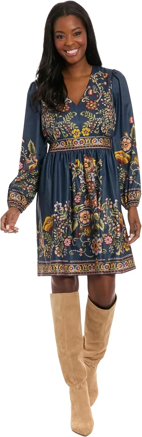 London Times Women's Empire Waist Mini Embroidered Waistband-V-Neck Bishop Sleeve-Cocktail Dress