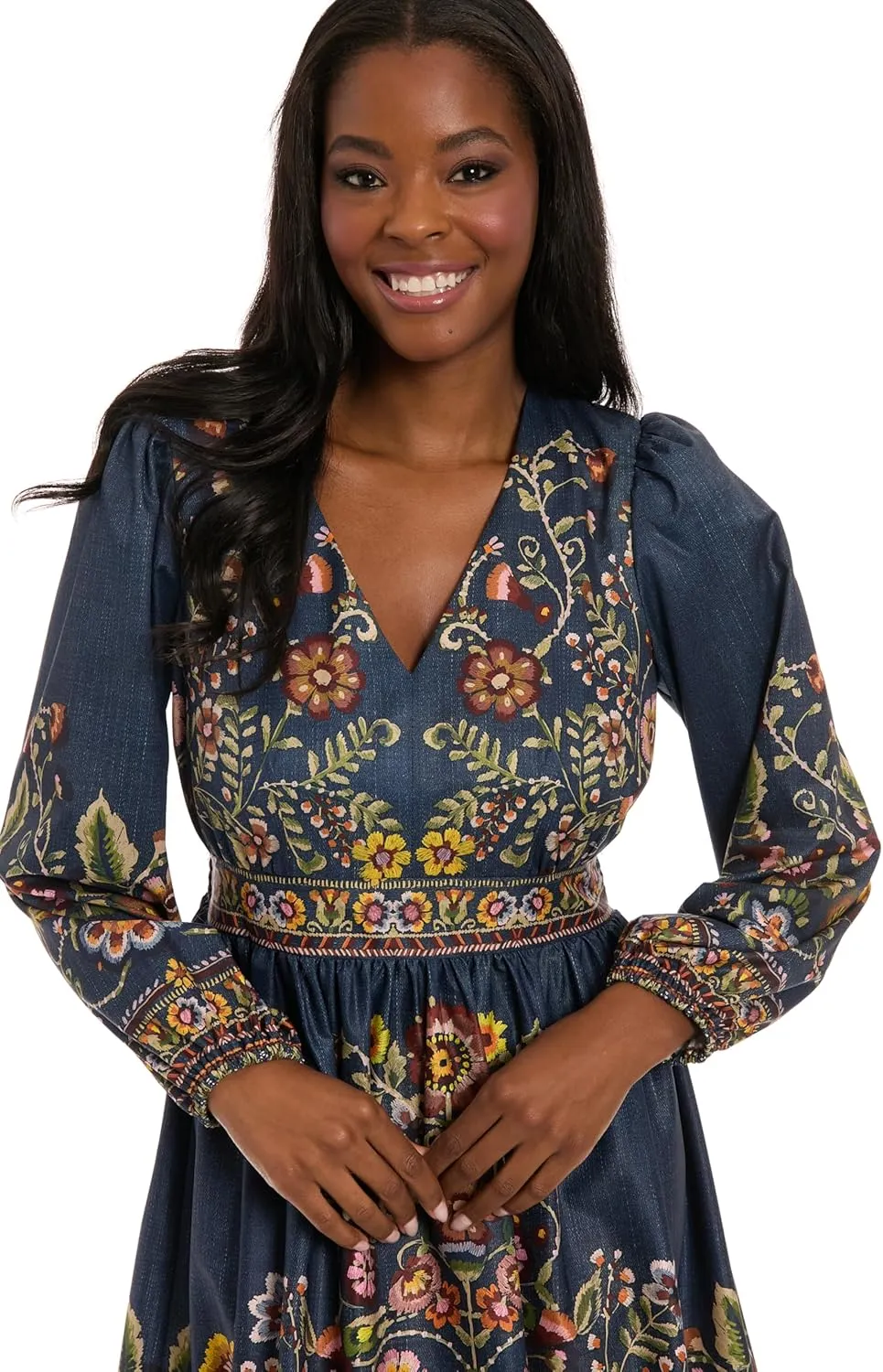 London Times Women's Empire Waist Mini Embroidered Waistband-V-Neck Bishop Sleeve-Cocktail Dress
