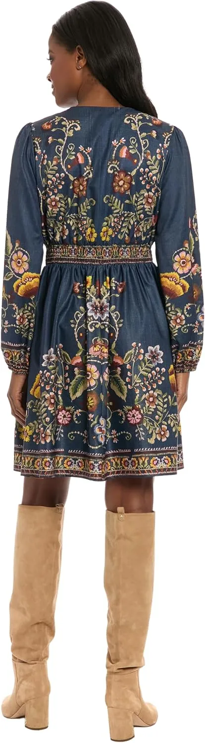 London Times Women's Empire Waist Mini Embroidered Waistband-V-Neck Bishop Sleeve-Cocktail Dress
