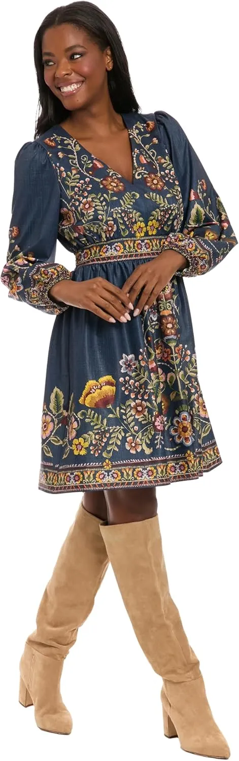 London Times Women's Empire Waist Mini Embroidered Waistband-V-Neck Bishop Sleeve-Cocktail Dress