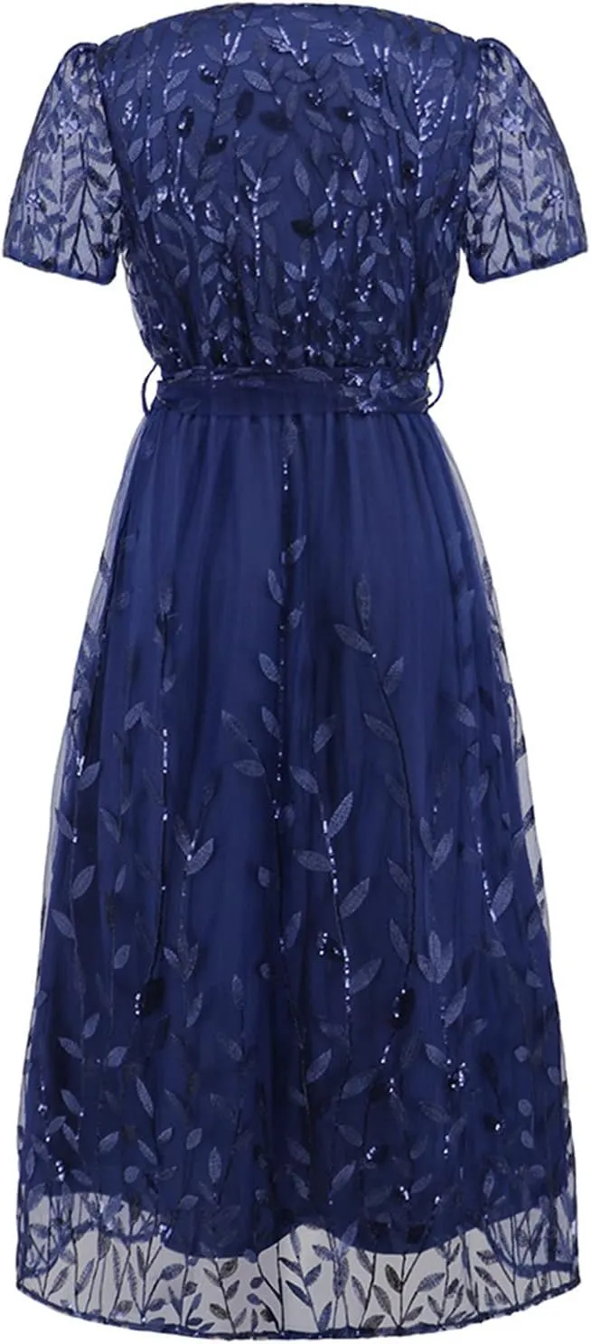 Long Dresses for Women Wedding Guest Embroidered Tie Waist Ankle Length Dresses Tulle Short Sleeve Maxi Dresses