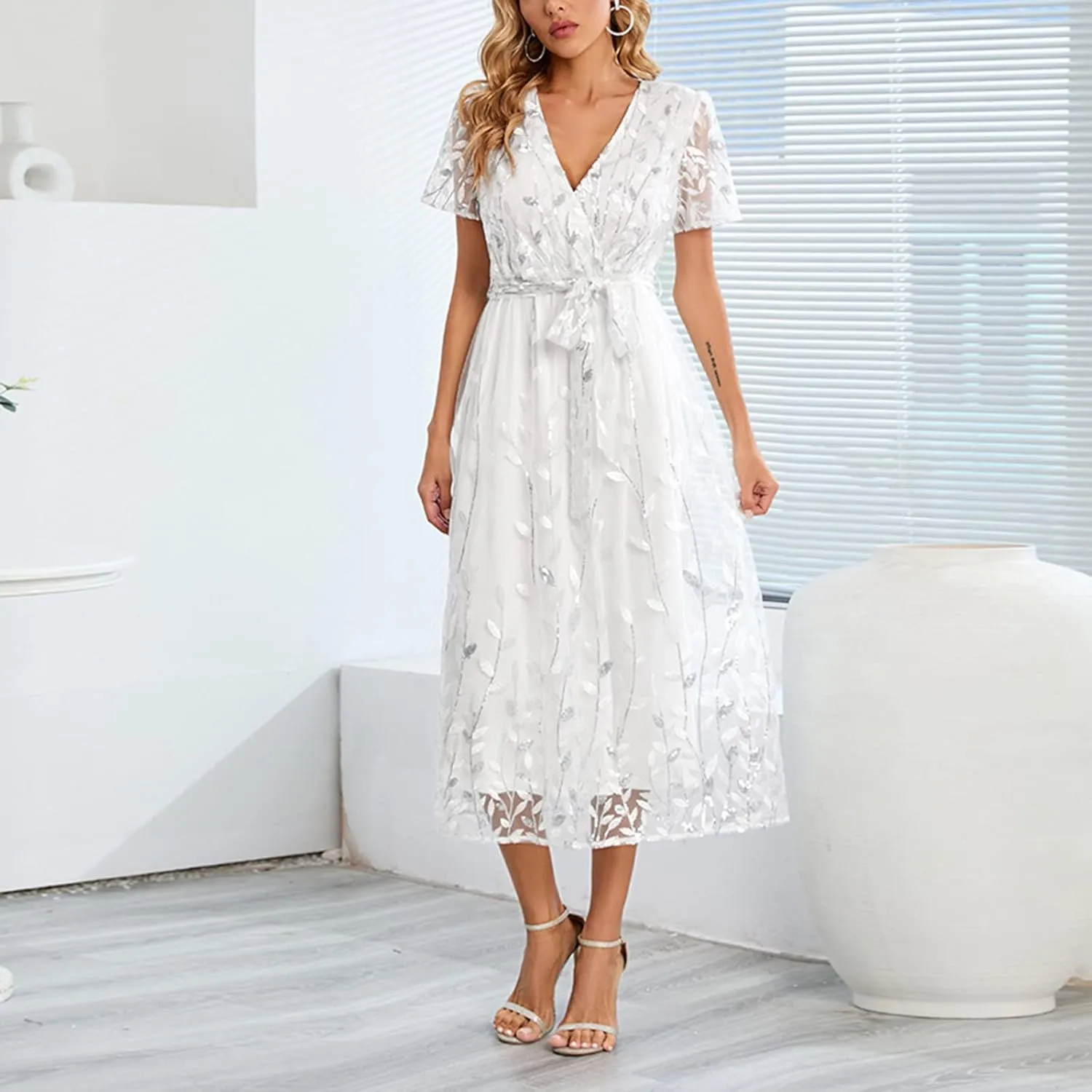 Long Dresses for Women Wedding Guest Embroidered Tie Waist Ankle Length Dresses Tulle Short Sleeve Maxi Dresses