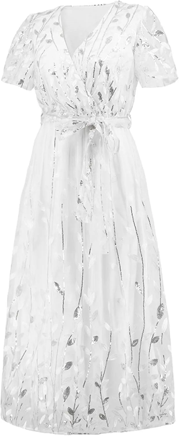 Long Dresses for Women Wedding Guest Embroidered Tie Waist Ankle Length Dresses Tulle Short Sleeve Maxi Dresses
