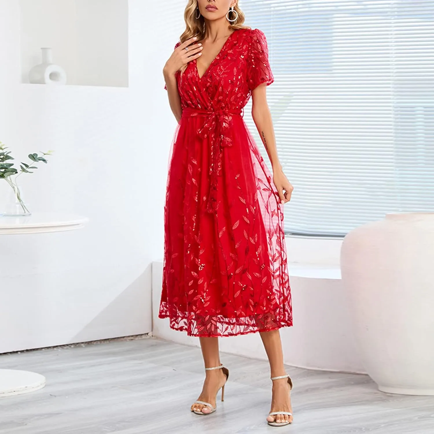 Long Dresses for Women Wedding Guest Embroidered Tie Waist Ankle Length Dresses Tulle Short Sleeve Maxi Dresses