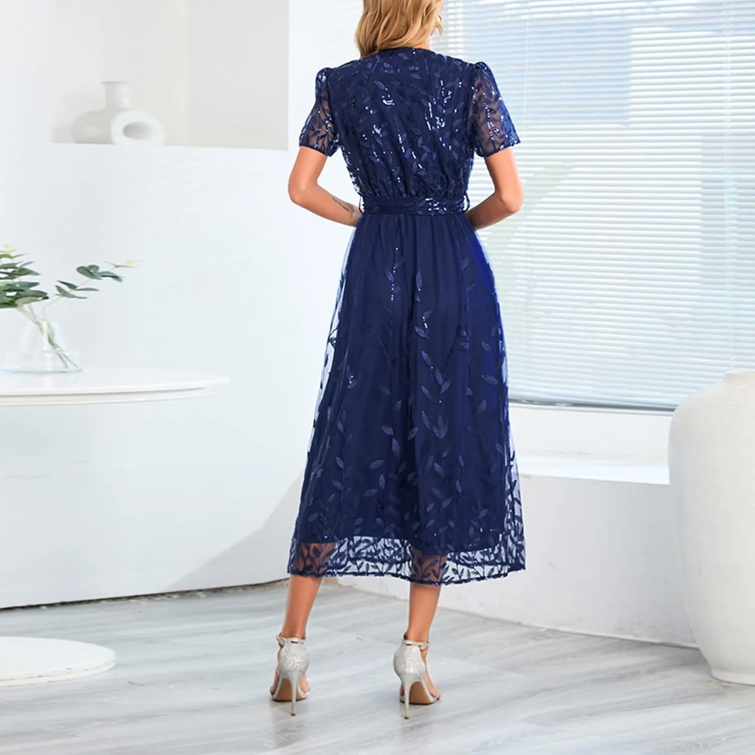 Long Dresses for Women Wedding Guest Embroidered Tie Waist Ankle Length Dresses Tulle Short Sleeve Maxi Dresses