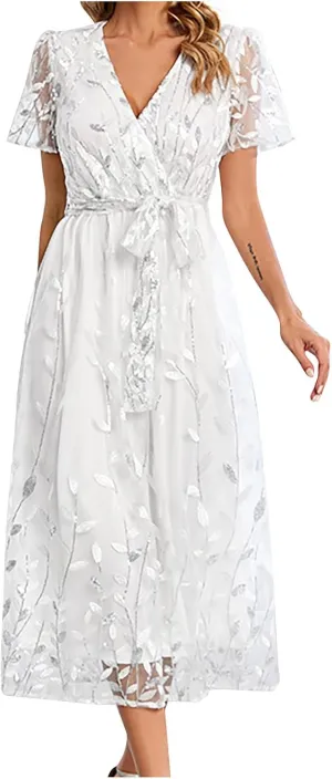 Long Dresses for Women Wedding Guest Embroidered Tie Waist Ankle Length Dresses Tulle Short Sleeve Maxi Dresses