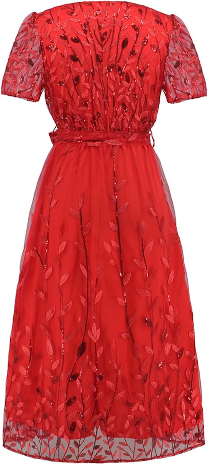 Long Dresses for Women Wedding Guest Embroidered Tie Waist Ankle Length Dresses Tulle Short Sleeve Maxi Dresses