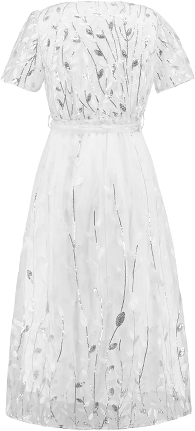 Long Dresses for Women Wedding Guest Embroidered Tie Waist Ankle Length Dresses Tulle Short Sleeve Maxi Dresses
