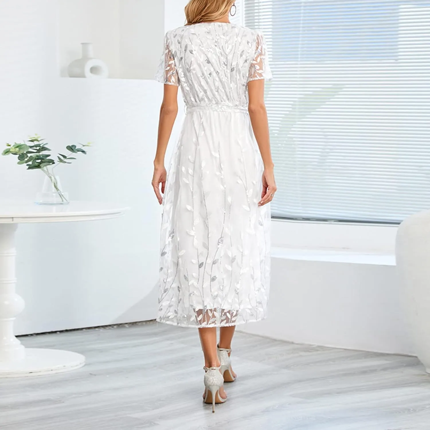 Long Dresses for Women Wedding Guest Embroidered Tie Waist Ankle Length Dresses Tulle Short Sleeve Maxi Dresses