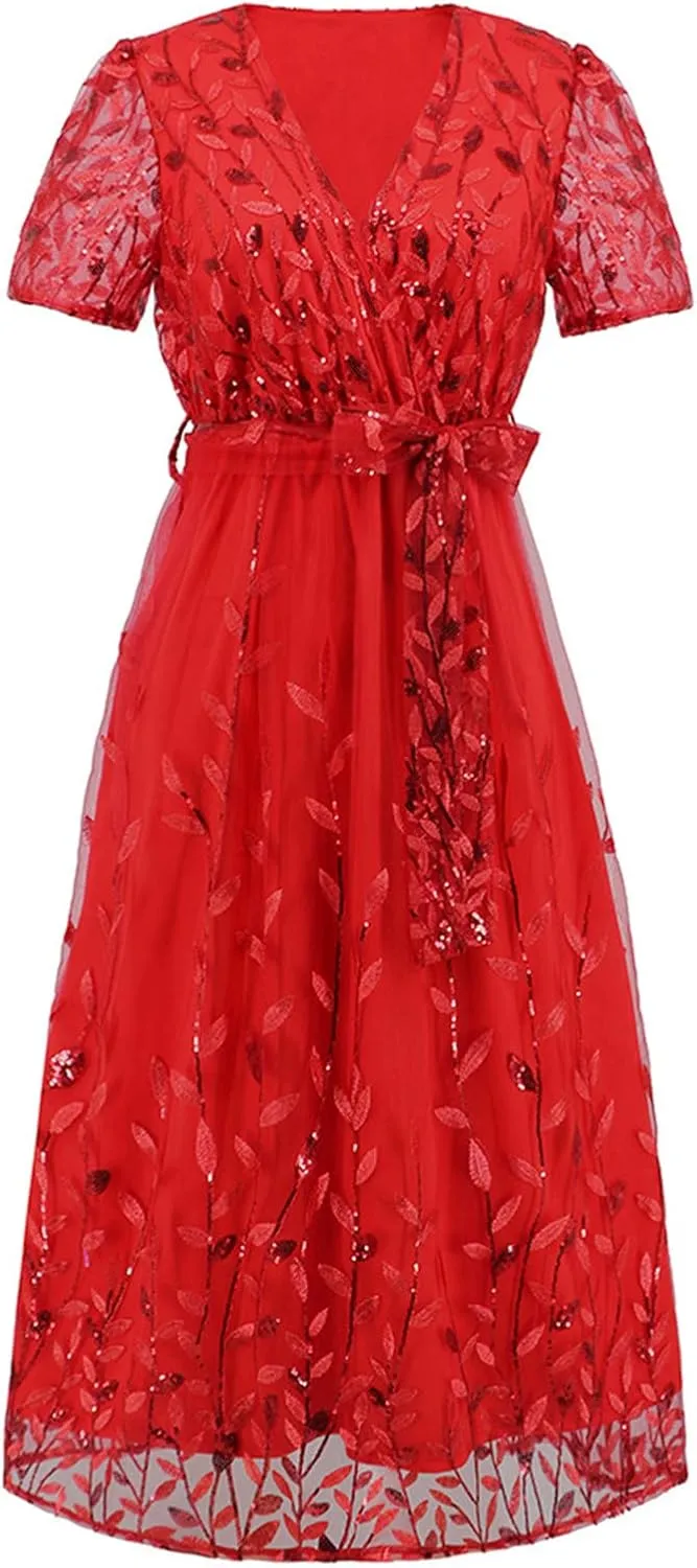 Long Dresses for Women Wedding Guest Embroidered Tie Waist Ankle Length Dresses Tulle Short Sleeve Maxi Dresses