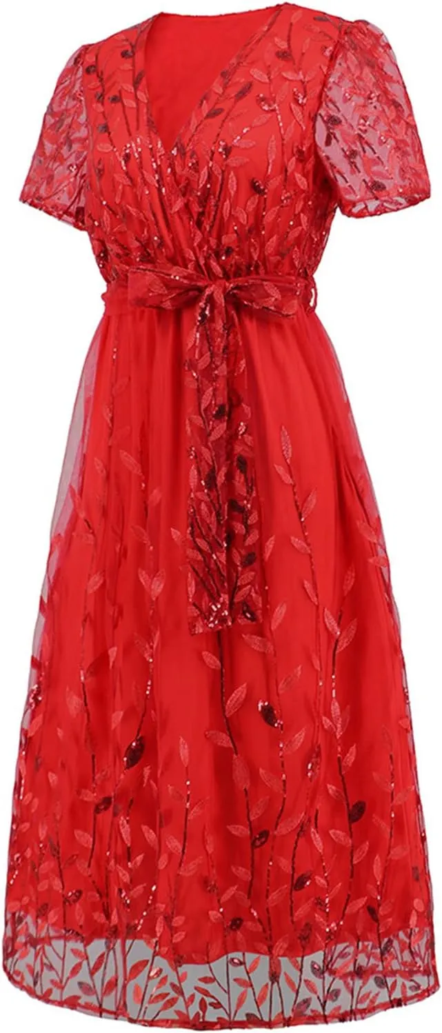 Long Dresses for Women Wedding Guest Embroidered Tie Waist Ankle Length Dresses Tulle Short Sleeve Maxi Dresses