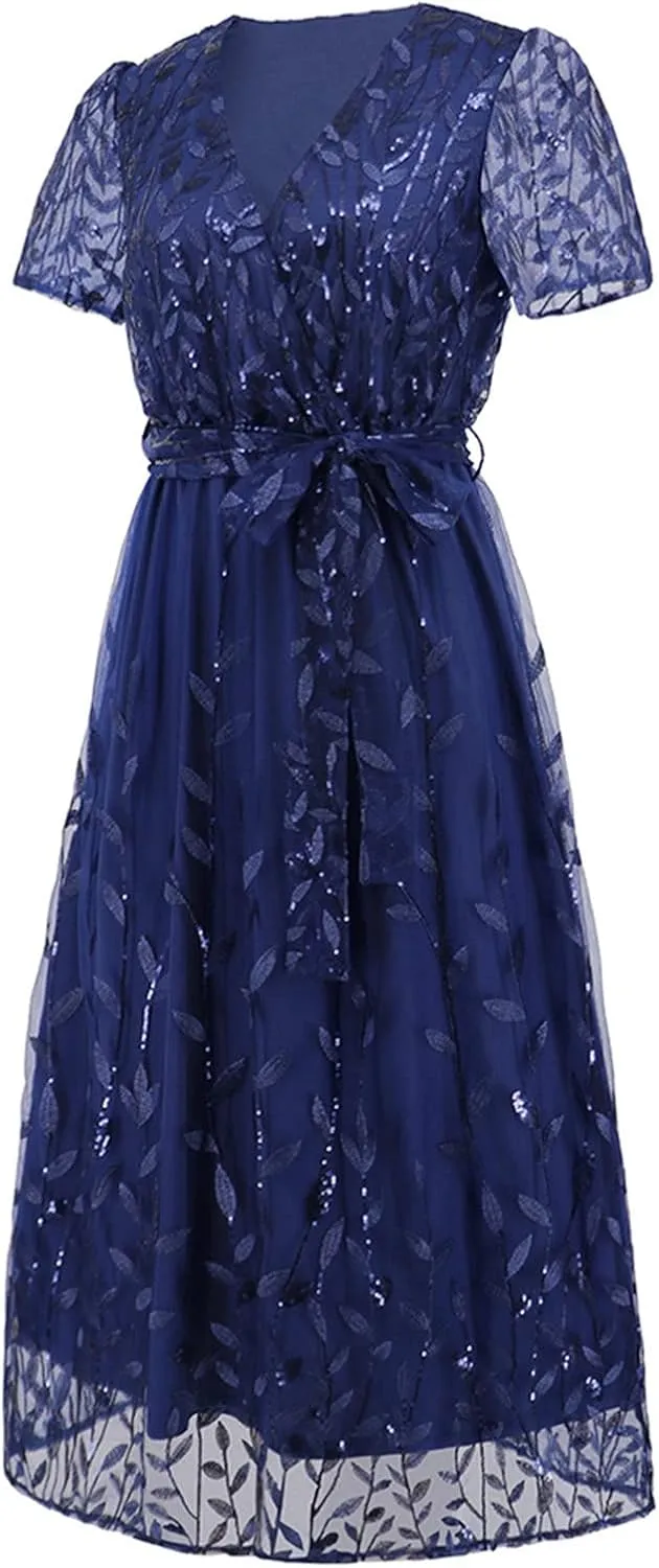 Long Dresses for Women Wedding Guest Embroidered Tie Waist Ankle Length Dresses Tulle Short Sleeve Maxi Dresses