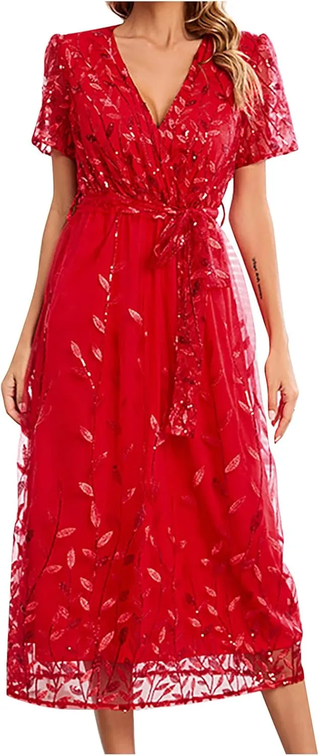 Long Dresses for Women Wedding Guest Embroidered Tie Waist Ankle Length Dresses Tulle Short Sleeve Maxi Dresses