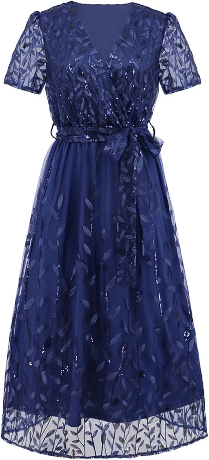 Long Dresses for Women Wedding Guest Embroidered Tie Waist Ankle Length Dresses Tulle Short Sleeve Maxi Dresses