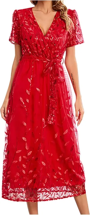 Long Dresses for Women Wedding Guest Embroidered Tie Waist Ankle Length Dresses Tulle Short Sleeve Maxi Dresses