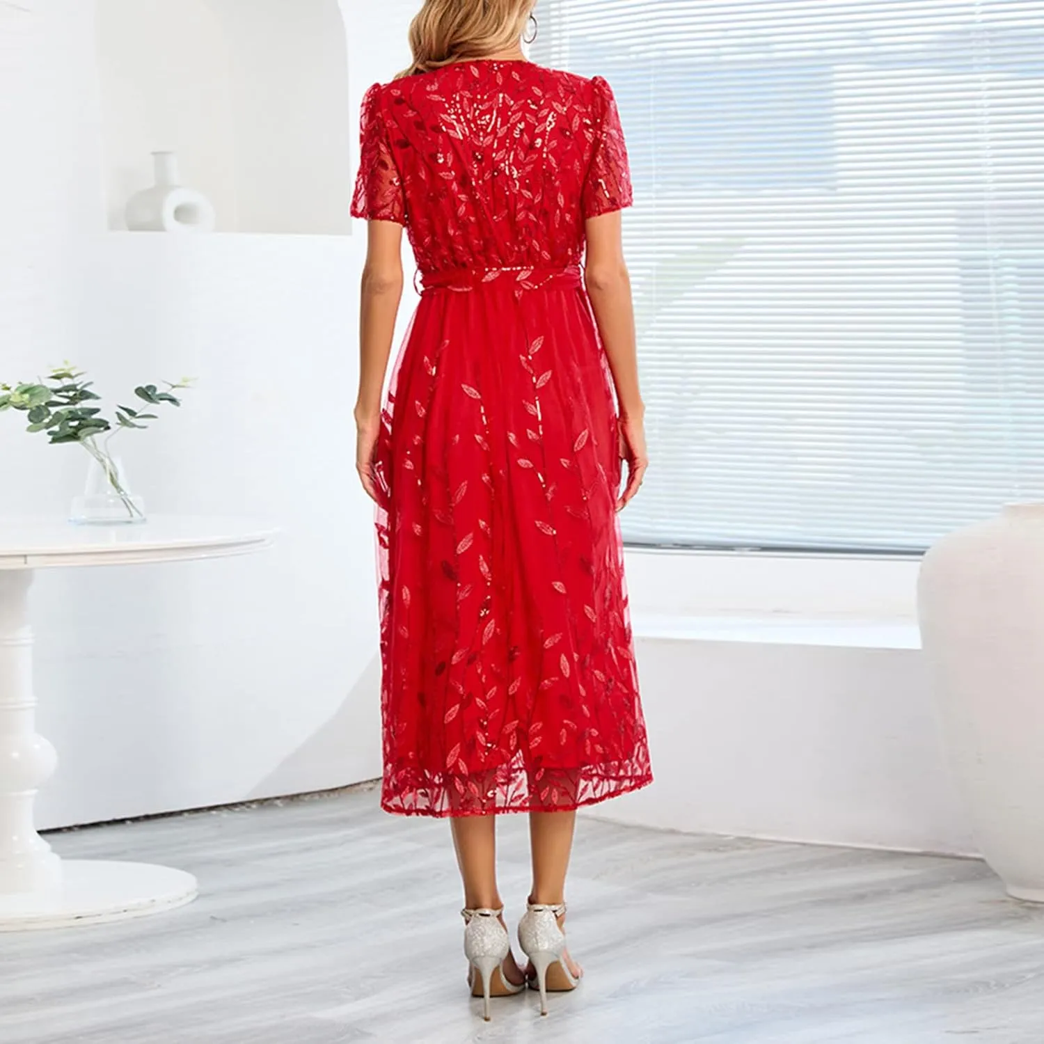 Long Dresses for Women Wedding Guest Embroidered Tie Waist Ankle Length Dresses Tulle Short Sleeve Maxi Dresses