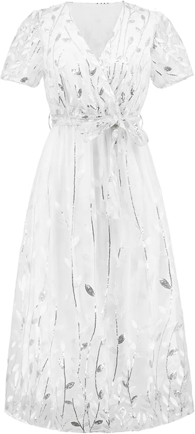 Long Dresses for Women Wedding Guest Embroidered Tie Waist Ankle Length Dresses Tulle Short Sleeve Maxi Dresses