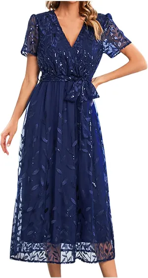 Long Dresses for Women Wedding Guest Embroidered Tie Waist Ankle Length Dresses Tulle Short Sleeve Maxi Dresses