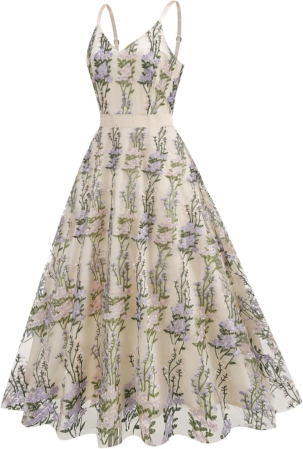 Long Floral Embroidery Dress for Women Flower Embroidered Maxi Dress Spaghetti Straps Formal Evening Party Tulle Prom Dress
