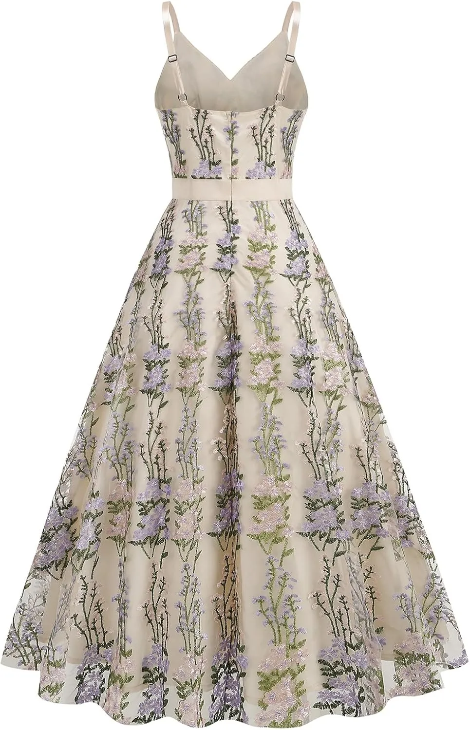 Long Floral Embroidery Dress for Women Flower Embroidered Maxi Dress Spaghetti Straps Formal Evening Party Tulle Prom Dress