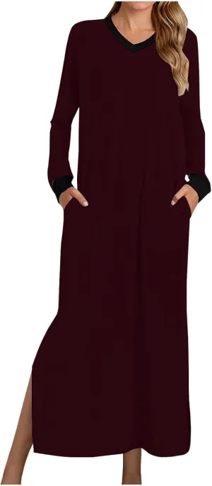Long Sleeve Dresses for Women Casual V-Neck Side Split Maxi Summer Dress Flowy Beach Wedding Vacation Sundress