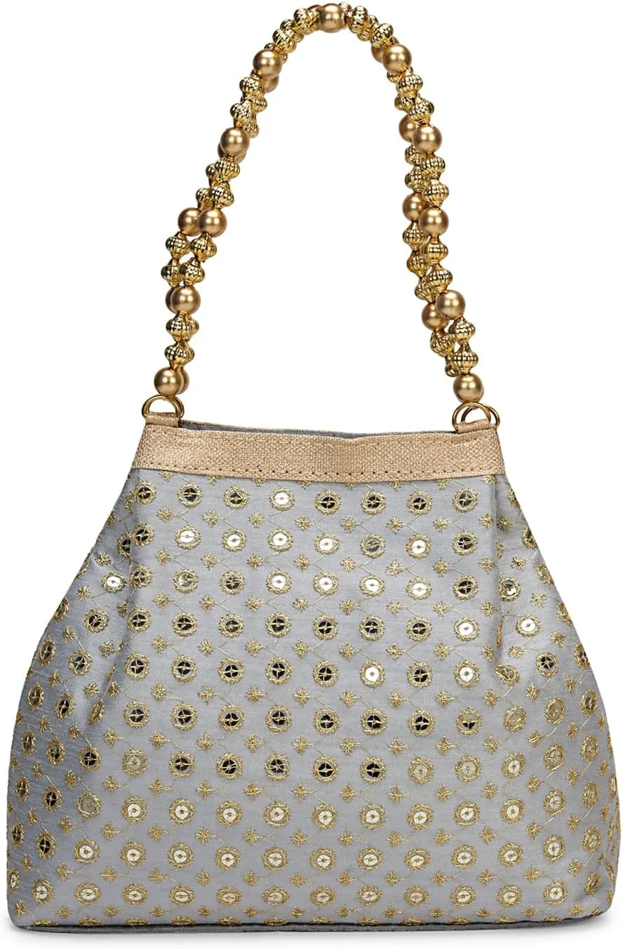 LONGING TO BUY Elegant Evening Potli Bag For Women, Pearl Beaded Handle