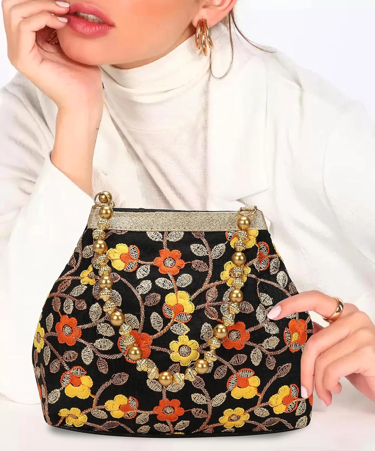 LONGING TO BUY Elegant Evening Potli Bag For Women, Pearl Beaded Handle