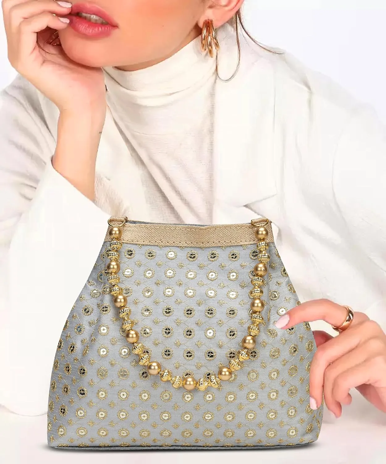 LONGING TO BUY Elegant Evening Potli Bag For Women, Pearl Beaded Handle