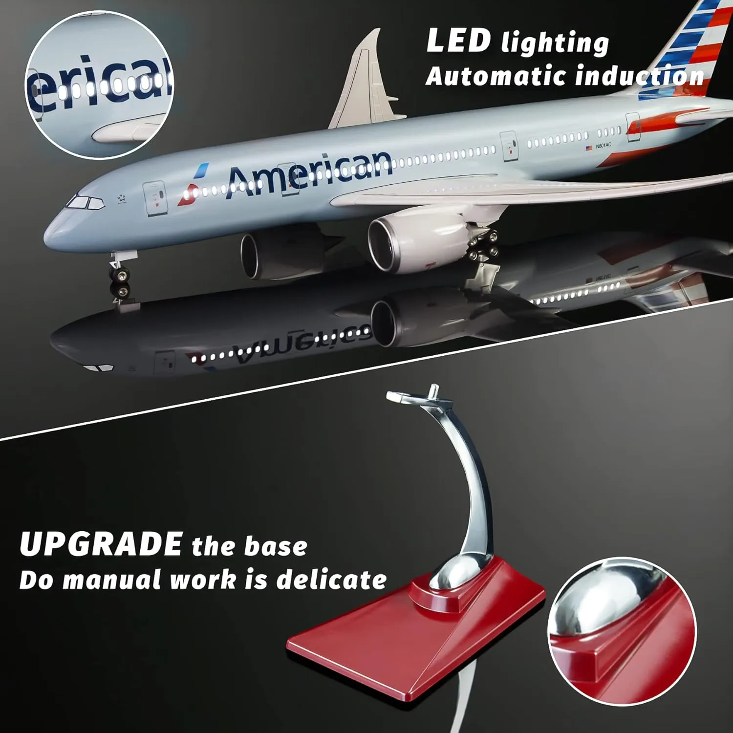 Lose Fun Park 1:130 Scale Large Model Airplane American Boeing 787 Plane Models Diecast Airplanes with LED Light for Collection or Gift